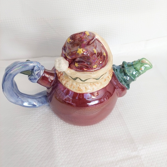 Blue Sky Santa Teapot Luster Glaze Christmas Tree Spout Clayworks - Picture 3 of 10